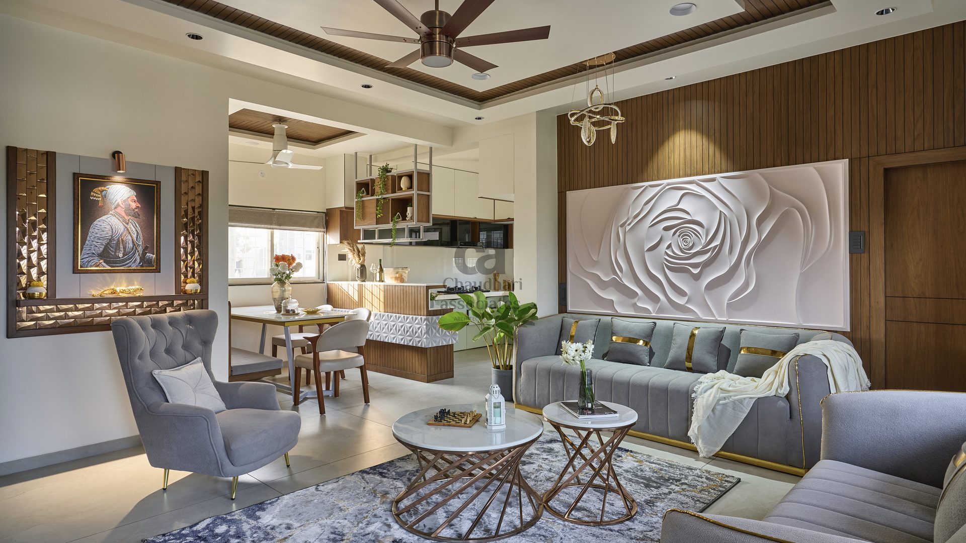Open-plan living, dining and kitchen flowing into one another — Mr. Sagar Bhagat residence, Shikrapur
