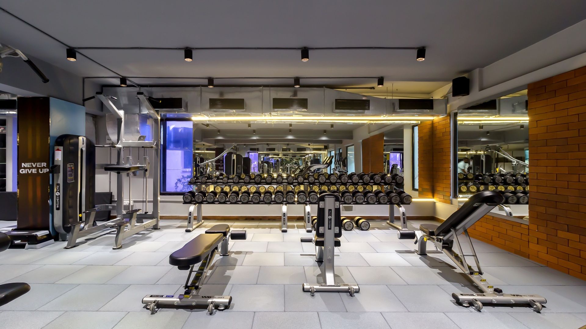 Training floor with a backlit mirror wall, dumbbell racks and exposed brick — Dumbbell Bee